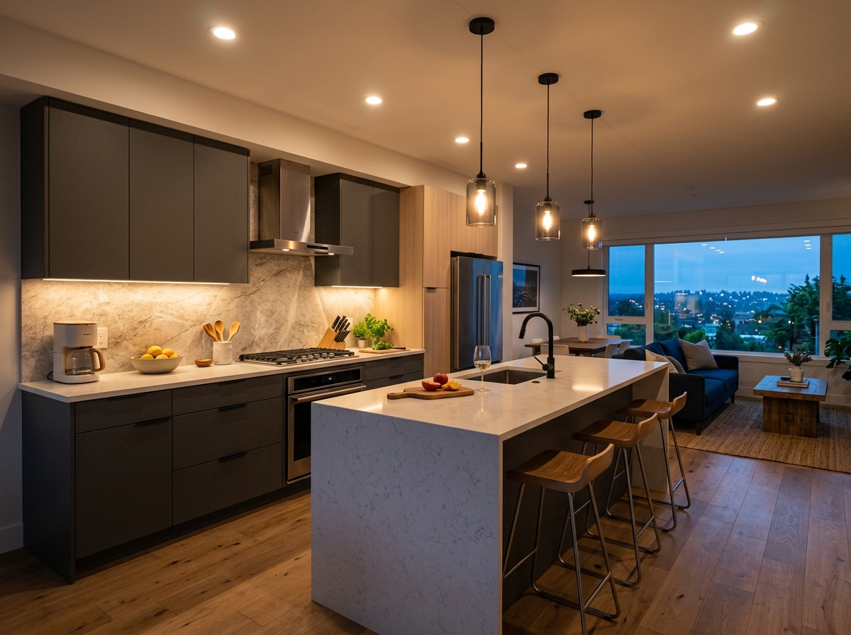 Modern kitchen dimmable LED pot light installation Ajax