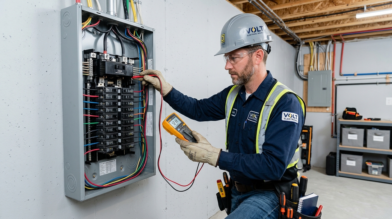 ROMAG Electric licensed electrician inspecting a 200 amp electrical panel upgrade in an Ajax home