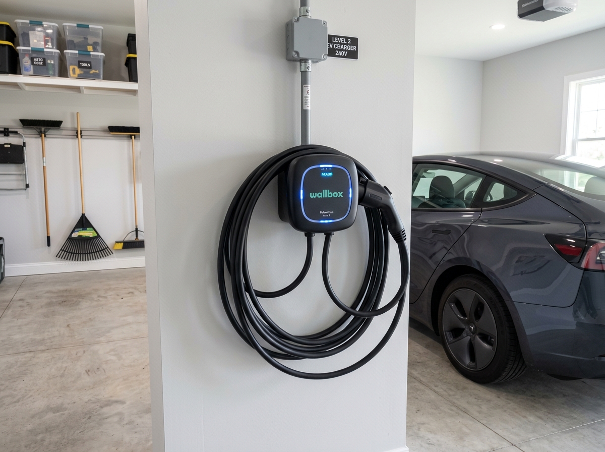 Level 2 home EV charger installation in garage by licensed Ajax electrician